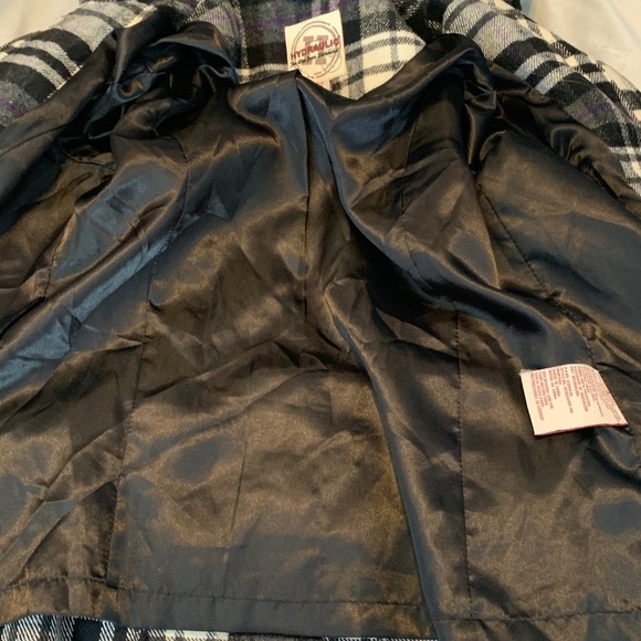Hydraulic plaid tartan Black White Purple toggle pea hooded coat Y2K size  S - Picture 4 of 9